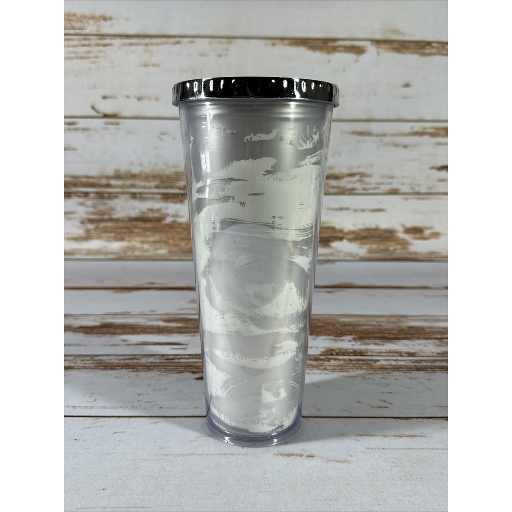 Starbucks Silver White Brushed Cold Cup 24oz Venti Chrome Lid Used